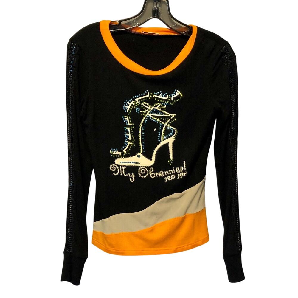 Cache Embellished Long Sleeve Tee T Shirt Top Sz S Rhinestones Sequins Stretch